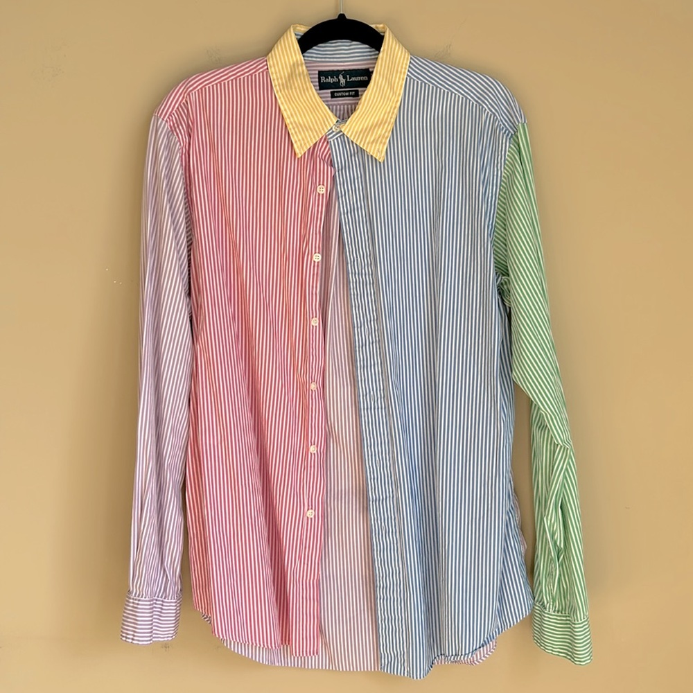 Polo by Ralph Lauren button down is multi color stripes.  Like new. Size 17 XL